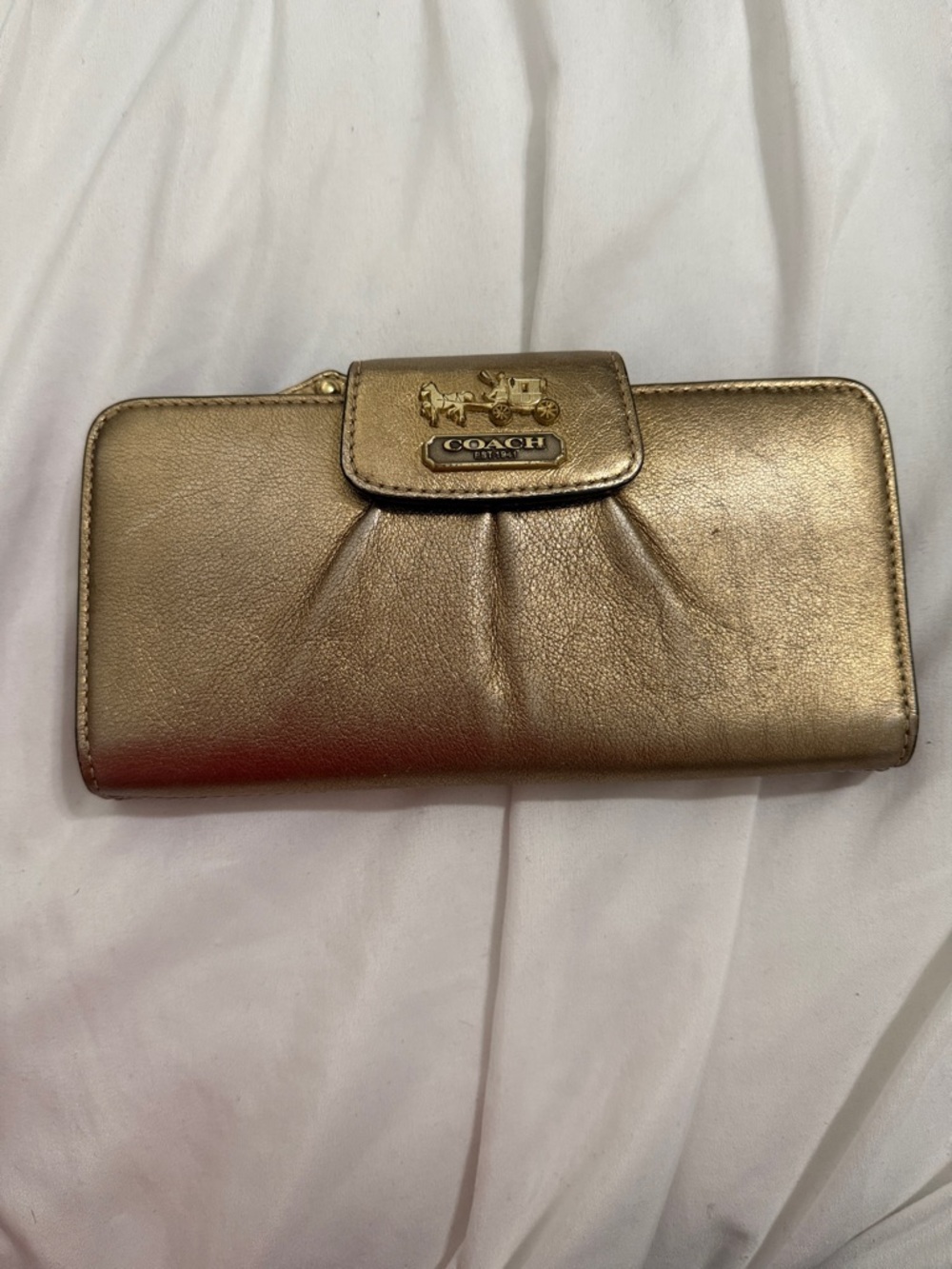 Coach Metallic Gold Leather Wallet with Horse & Carriage Plaque